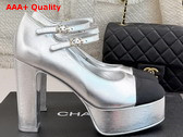 Chanel Mary Janes Laminated Lambskin and Grosgrain Silver and Black G46433 Replica
