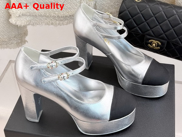 Chanel Mary Janes Laminated Lambskin and Grosgrain Silver and Black G46433 Replica