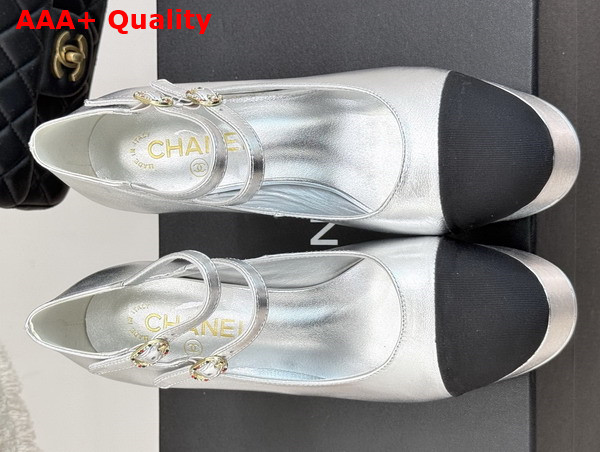 Chanel Mary Janes Laminated Lambskin and Grosgrain Silver and Black G46433 Replica