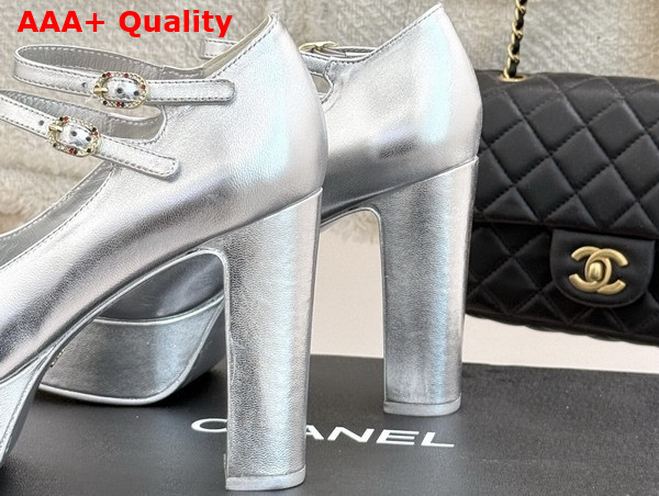 Chanel Mary Janes Laminated Lambskin and Grosgrain Silver and Black G46433 Replica