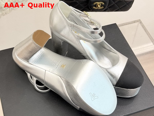 Chanel Mary Janes Laminated Lambskin and Grosgrain Silver and Black G46433 Replica
