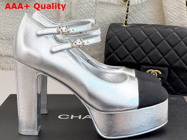 Chanel Mary Janes Laminated Lambskin and Grosgrain Silver and Black G46433 Replica