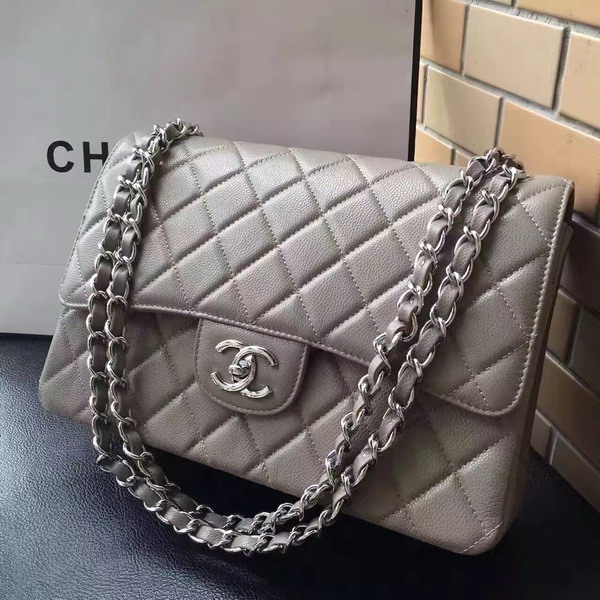 Chanel Maxi Caviar Flap Bag Light Grey Silver Hardware For Sale
