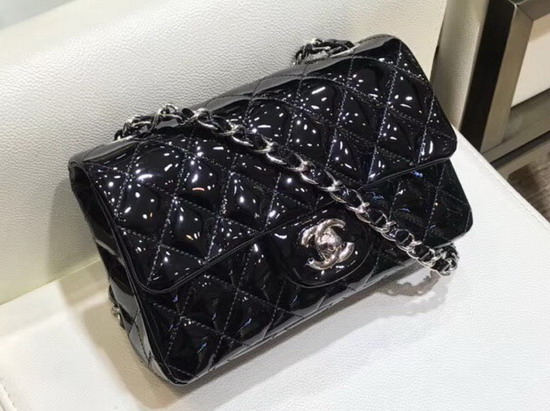 Chanel Mini Flap Bag in Black Patent Leather with Silver Hardware