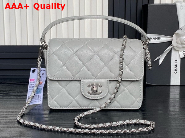 Chanel Mini Flap Bag with Top Handle Gray Grained Shiny Calfskin Silver Tone Metal AS5165 Replica