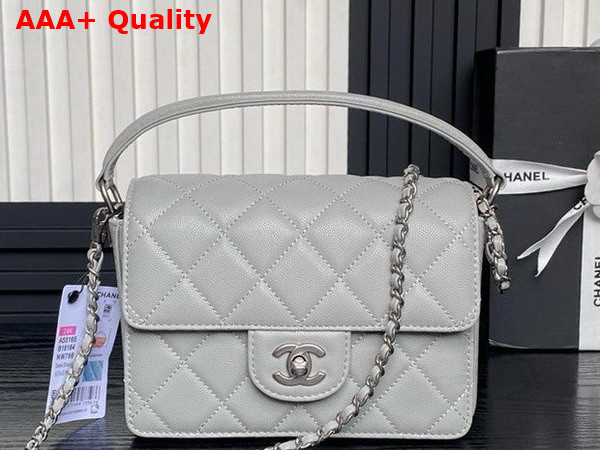 Chanel Mini Flap Bag with Top Handle Gray Grained Shiny Calfskin Silver Tone Metal AS5165 Replica
