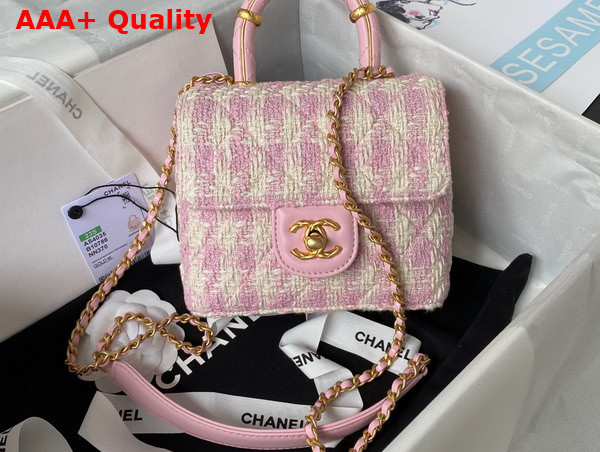 Chanel Mini Flap Bag with Top Handle Tweed Lambskin Gold Tone Metal Pink and Ecru AS4035 Replica