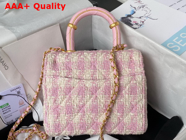 Chanel Mini Flap Bag with Top Handle Tweed Lambskin Gold Tone Metal Pink and Ecru AS4035 Replica