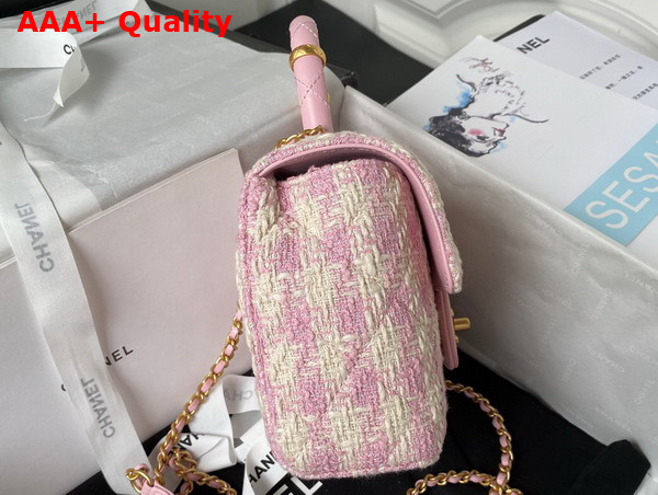 Chanel Mini Flap Bag with Top Handle Tweed Lambskin Gold Tone Metal Pink and Ecru AS4035 Replica
