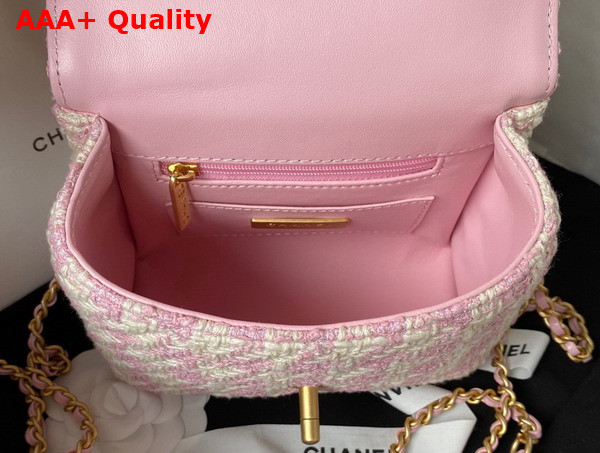 Chanel Mini Flap Bag with Top Handle Tweed Lambskin Gold Tone Metal Pink and Ecru AS4035 Replica