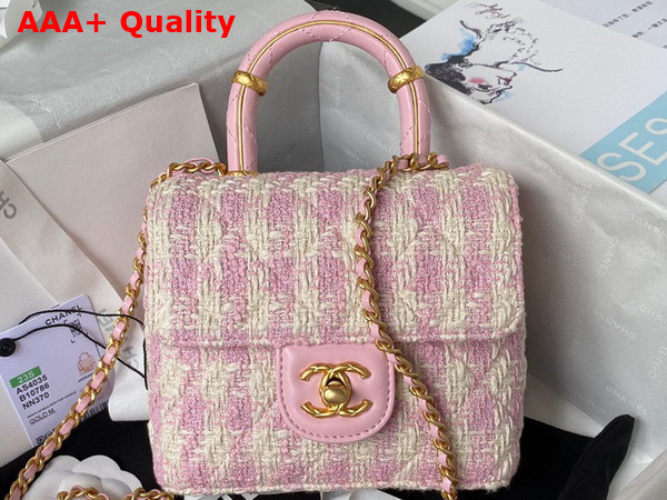 Chanel Mini Flap Bag with Top Handle Tweed Lambskin Gold Tone Metal Pink and Ecru AS4035 Replica