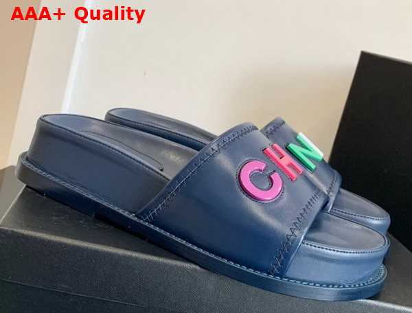 Chanel Mules with Multicolor Letter Logo Navy Blue Lambskin G38933 Replica