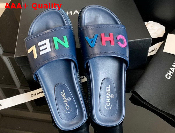 Chanel Mules with Multicolor Letter Logo Navy Blue Lambskin G38933 Replica