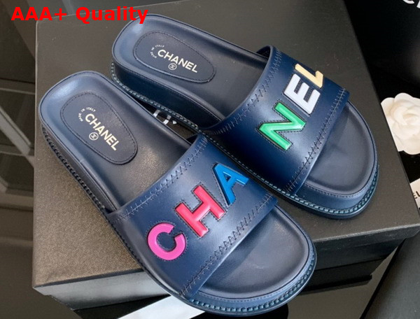 Chanel Mules with Multicolor Letter Logo Navy Blue Lambskin G38933 Replica