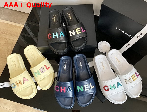 Chanel Mules with Multicolor Letter Logo Navy Blue Lambskin G38933 Replica