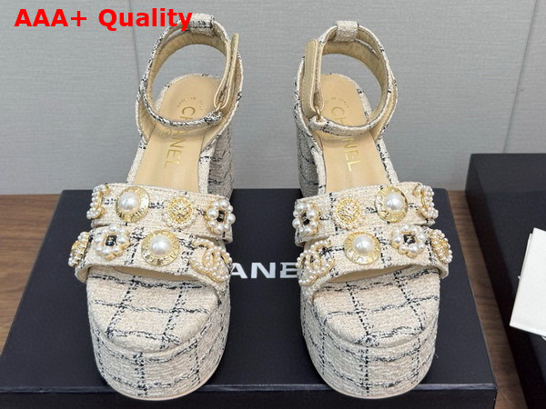 Chanel Platform Sandals Tweed and Metal Beige and Black G46423 Replica