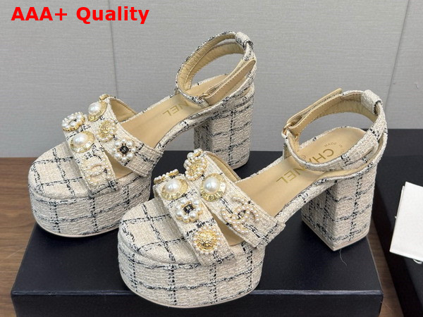 Chanel Platform Sandals Tweed and Metal Beige and Black G46423 Replica