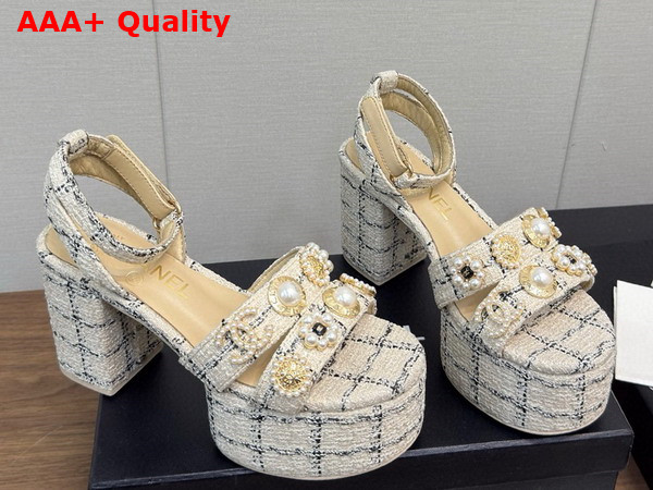Chanel Platform Sandals Tweed and Metal Beige and Black G46423 Replica