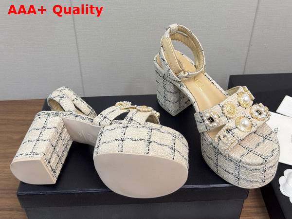 Chanel Platform Sandals Tweed and Metal Beige and Black G46423 Replica