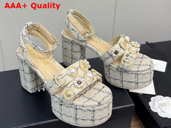 Chanel Platform Sandals Tweed and Metal Beige and Black G46423 Replica