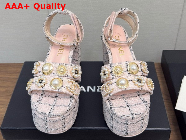 Chanel Platform Sandals Tweed and Metal Pink and Black G46423 Replica