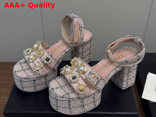 Chanel Platform Sandals Tweed and Metal Pink and Black G46423 Replica