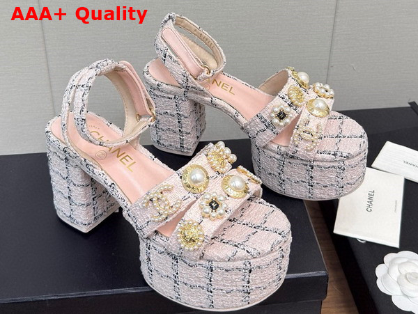 Chanel Platform Sandals Tweed and Metal Pink and Black G46423 Replica