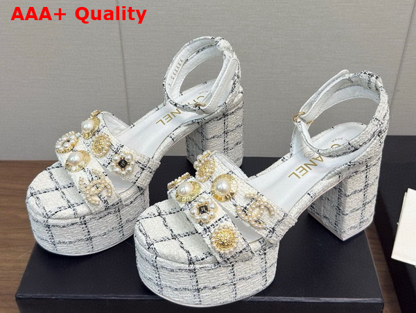 Chanel Platform Sandals Tweed and Metal White and Black G46423 Replica