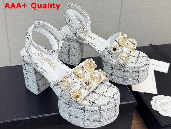 Chanel Platform Sandals Tweed and Metal White and Black G46423 Replica
