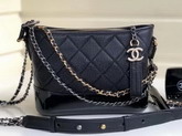 Chanel S Gabrielle Small Hobo Bag in Black Goatskin and Patent Goatskin