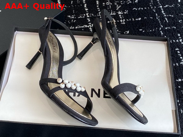 Chanel Sandal in Black Canvas and Pearls Replica