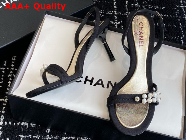 Chanel Sandal in Black Canvas and Pearls Replica