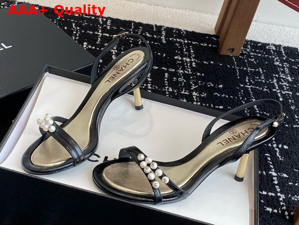 Chanel Sandal in Black Crinkled Calfskin and Pearls Replica