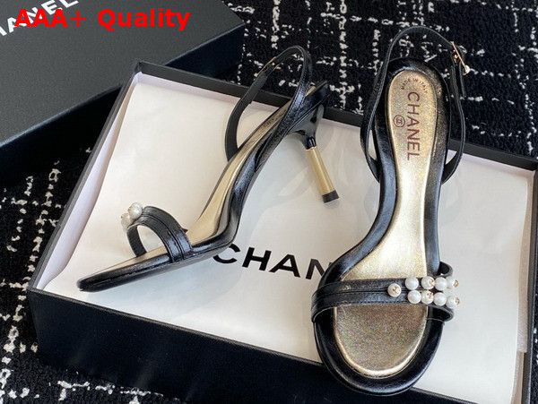 Chanel Sandal in Black Crinkled Calfskin and Pearls Replica