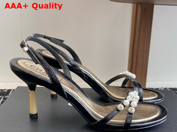 Chanel Sandal in Black Crinkled Calfskin and Pearls Replica