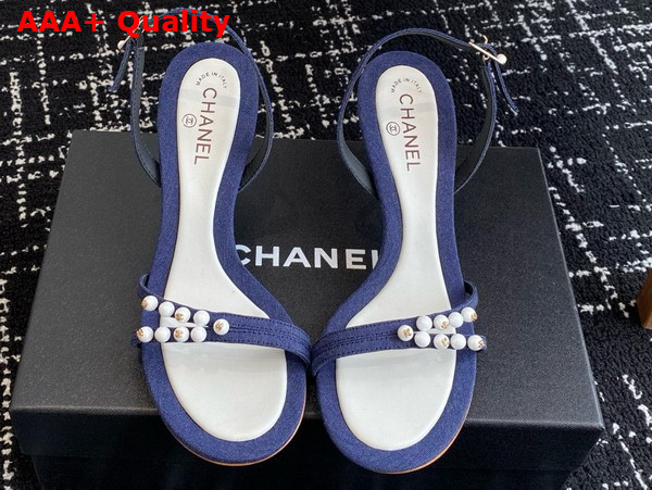 Chanel Sandal in Blue Canvas and Pearls Replica