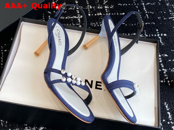 Chanel Sandal in Blue Canvas and Pearls Replica