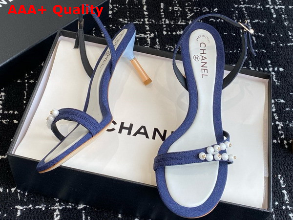 Chanel Sandal in Blue Canvas and Pearls Replica