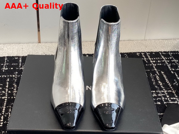 Chanel Short Boot in Silver Crinkled Calfskin and Black Patent Leather Replica