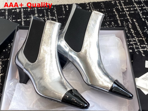 Chanel Short Boot in Silver Crinkled Calfskin and Black Patent Leather Replica