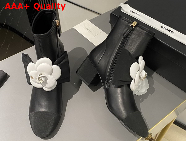 Chanel Short Boots in Black Lambskin with Embroidered Camellia G45310 Replica