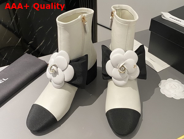 Chanel Short Boots in White Lambskin with Embroidered Camellia G45310 Replica
