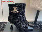 Chanel Short Boots with Gold Chanel Letter Logo Black Sequins Replica