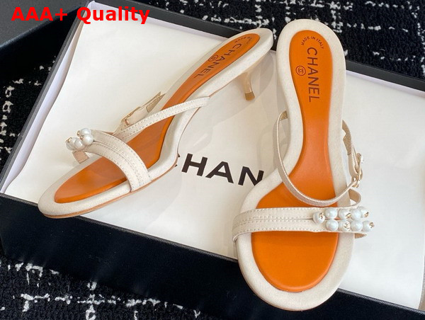 Chanel Slide Sandal in Beige Canvas and Pearls Replica