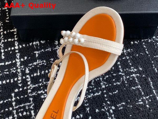 Chanel Slide Sandal in Beige Canvas and Pearls Replica