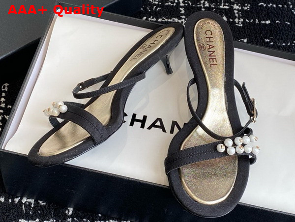 Chanel Slide Sandal in Black Canvas and Pearls Replica