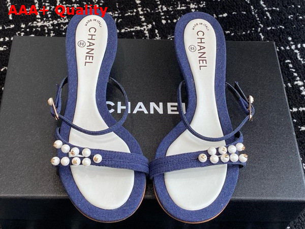 Chanel Slide Sandal in Blue Canvas and Pearls Replica