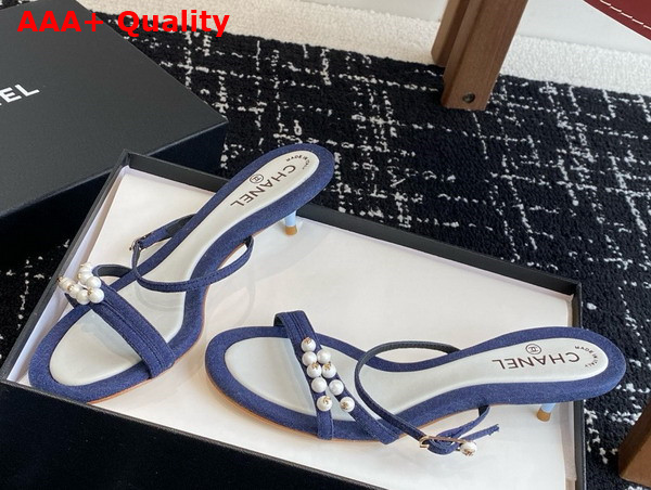 Chanel Slide Sandal in Blue Canvas and Pearls Replica