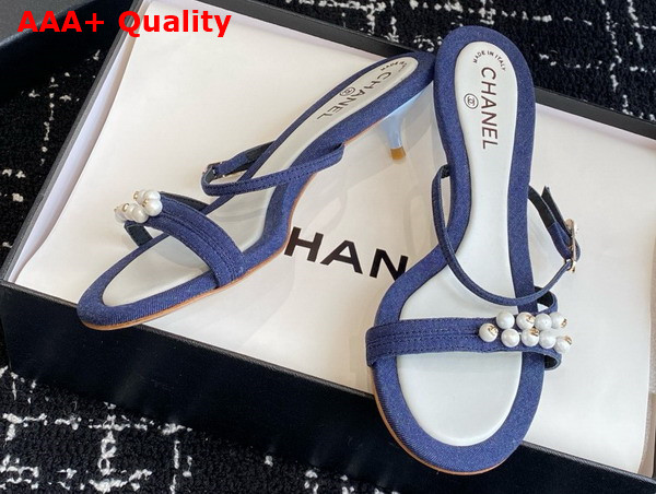 Chanel Slide Sandal in Blue Canvas and Pearls Replica