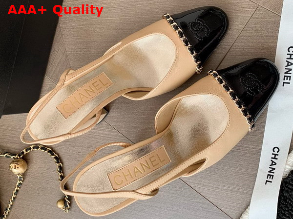 Chanel Slingback Pump in Beige and Black Lambskin and Patent Calfskin Replica